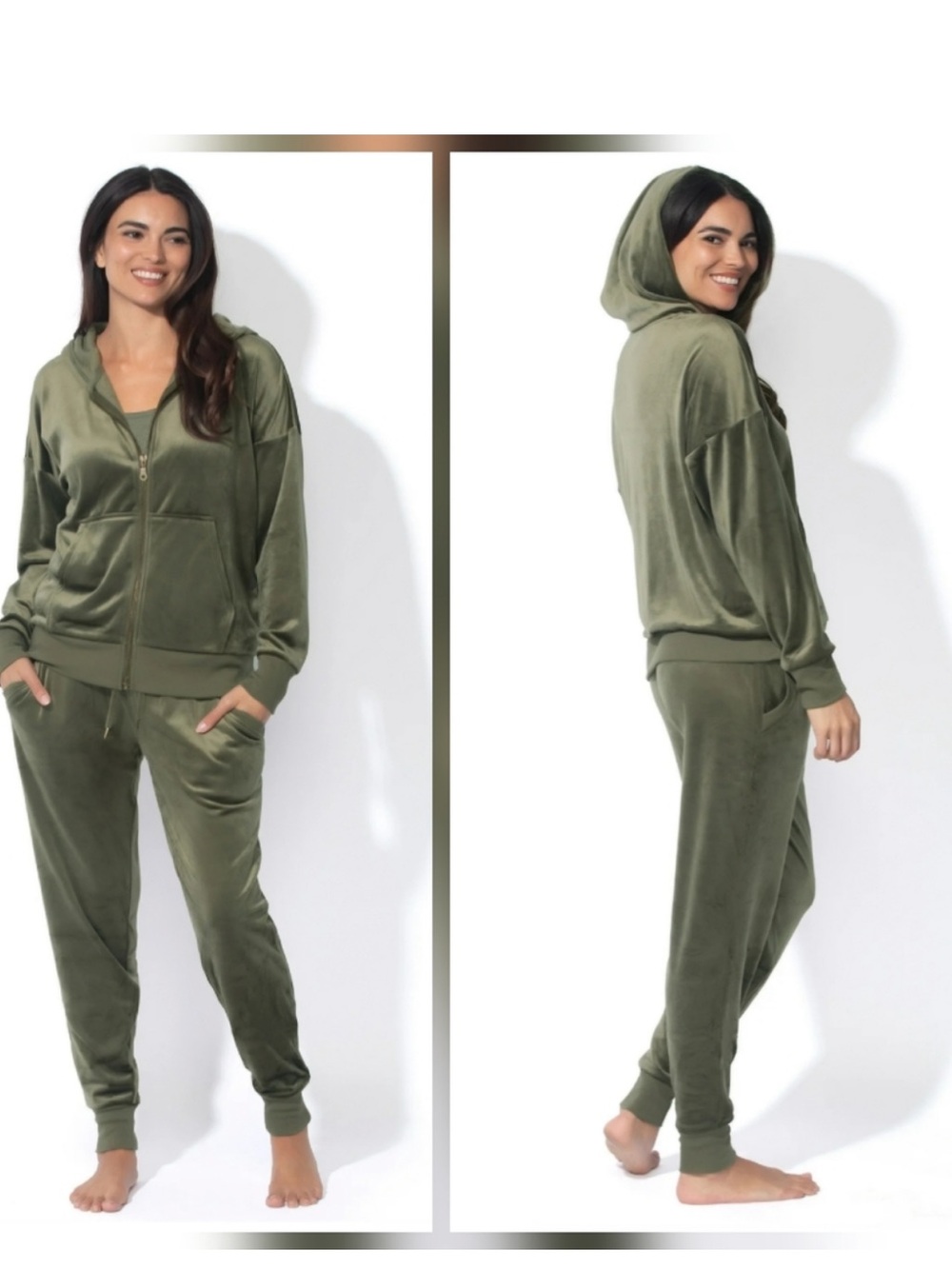 New Felina Olive Green Velour Hoodie & Jogger Set Size Large